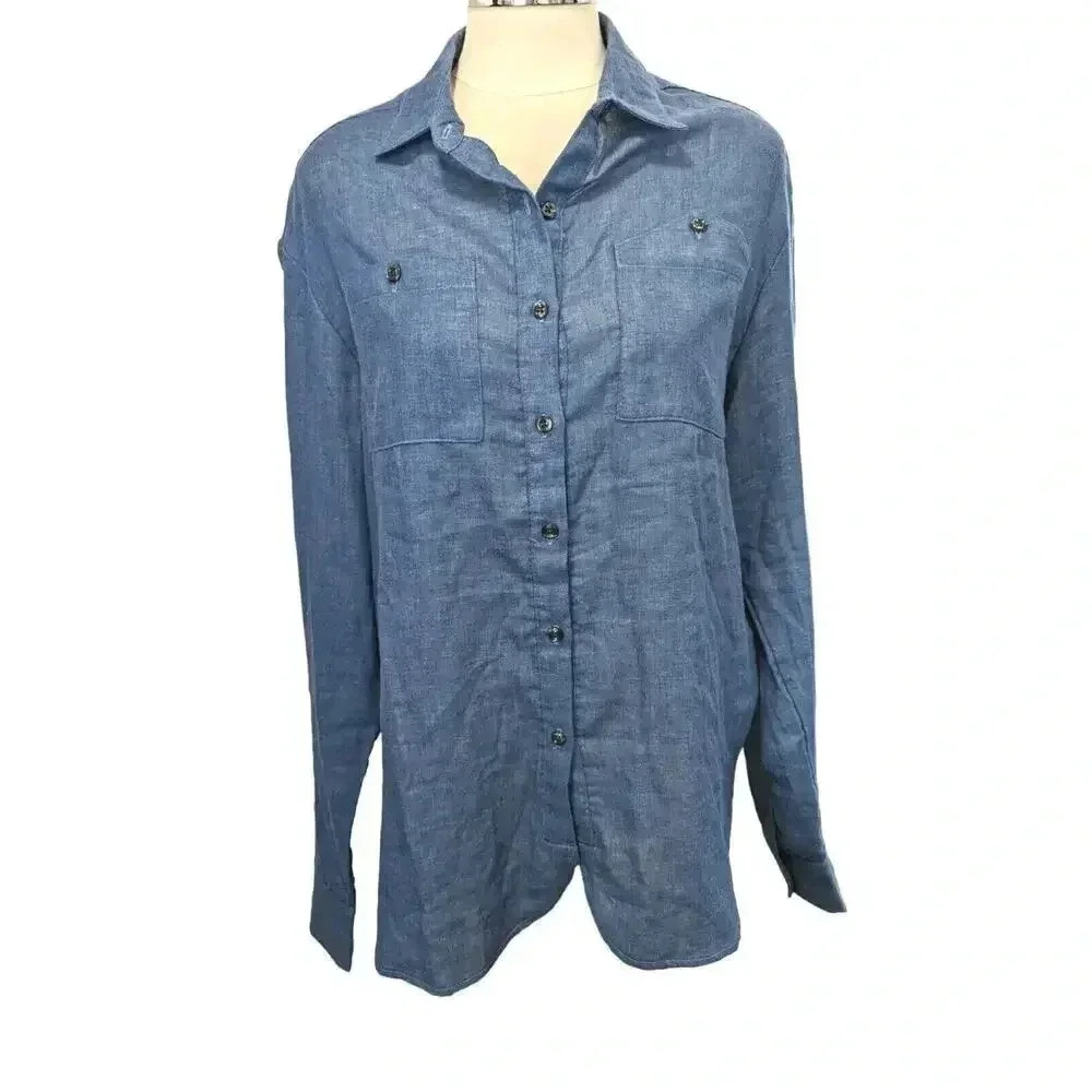 The Podolls Women‎ Blue Long Sleeve Button-Down Shirt Medium